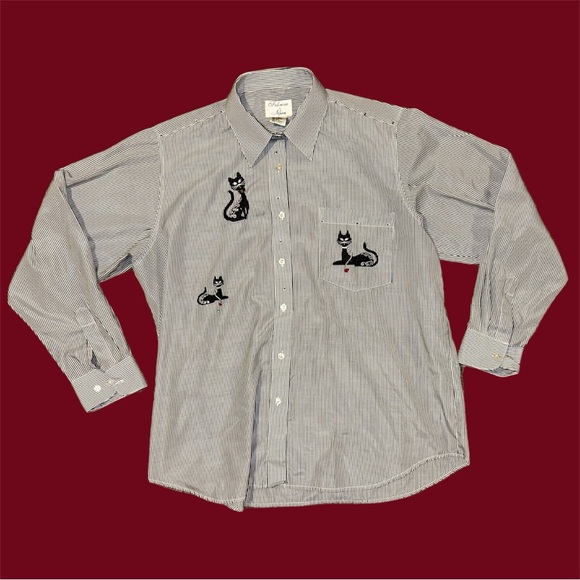 Tops - Vintage Women’s Blouse Black & White Striped w/ Sequin & Embroidered Cats